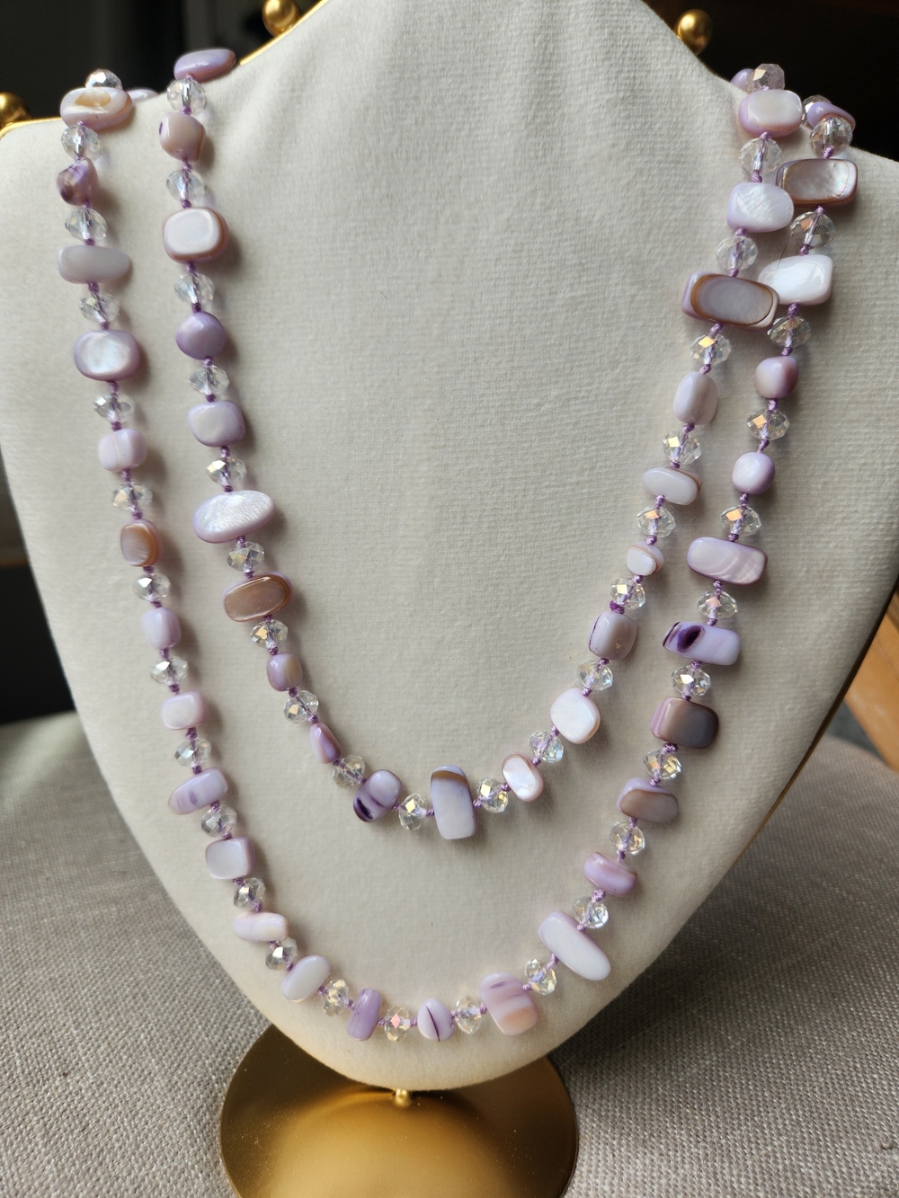 Artisan Lavender and Iridescent AB Beaded Extra Long Layered Necklace Hand Knot - Picture 4 of 5